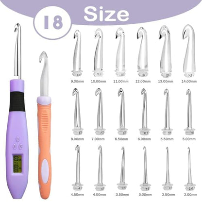 18 Size Digital Counting Crochet Hooks Set with Light 2.0mm~14.0mm