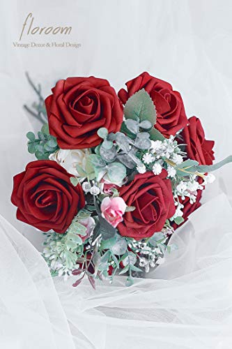 Artificial Flowers 25pcs Real Looking Dark Red Foam Fake Roses with Stems for DIY Wedding Bouquets Bridal Shower Centerpieces Party Decorations (25 Count)