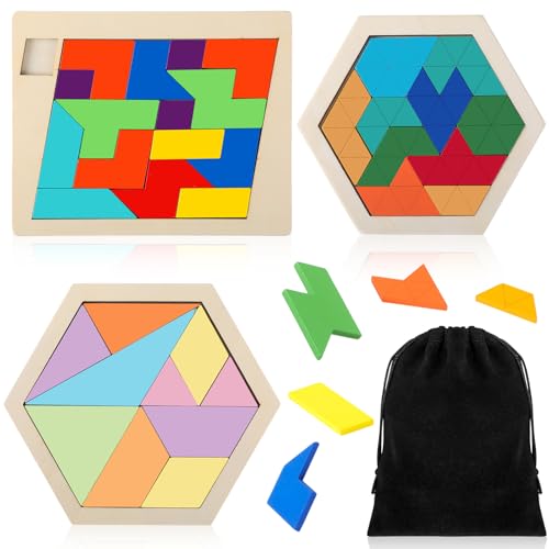 3 Pack Large Wooden Blocks Puzzles Hexagon Tangram Puzzle Wooden Russian Brain Puzzles for Adult Challenge Teasers Geometric Jigsaw Logic Iq STEM Educational Gift Graduation (3 Count)