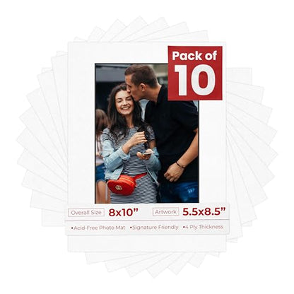 Pack of TEN 8x10 Mats Bevel Cut for 5.5x8.5 Photos (10 Count)