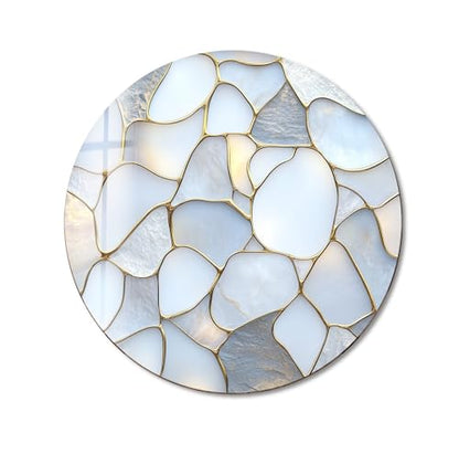 31.5''(80cm) Diameter White Stone Mosaic Round Glass Wall Art Tempered Glass Printing Wall Decor Large Wall Art Wall Hangings