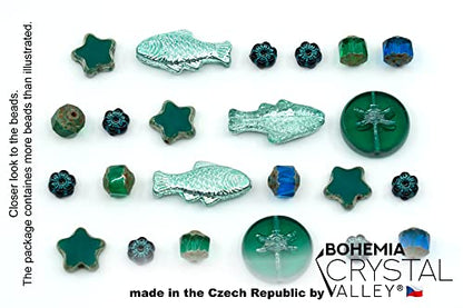 2.1oz (60g) of Glass Focal Bead Mix with Flowers, Table-Cut and fire Polish Czech Beads, PG Green (2.1164 Ounce)