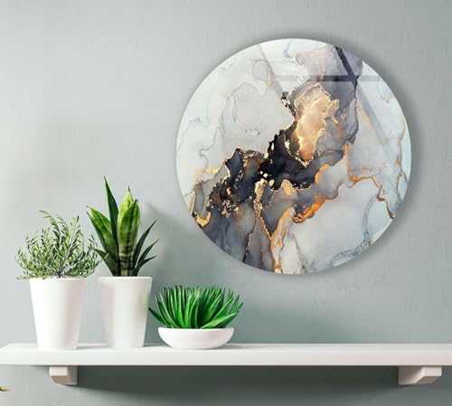 15.8''(40cm) Diameter Gold Details Gray Marble Round Glass Wall Art Tempered Glass Printing Wall Decor Large Wall Art Wall Hangings