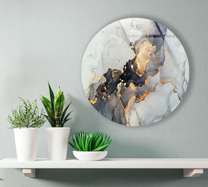 10''(25cm) Diameter Gold Details Gray Marble Round Glass Wall Art Tempered Glass Printing Wall Decor Large Wall Art Wall Hangings