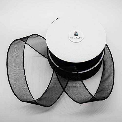 Sheer Organza Wired Ribbon 1.5" x 25 Yards x 2 Rolls Black for Wedding Chair Bow Flora Bouquet Gift Wrapping Christmas Tree Home Decor Wreath (150 Foot)
