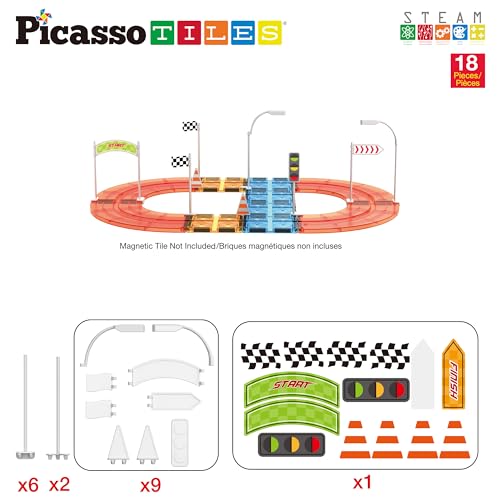 Magnet Tile Compatible Building Race Track Kit Traffic Sign Accessory Stabilizers with Sticker Set STEM Educational Magnets Toddler Racecourse Structure Blocks Add On Ages 3+ PTR01 (18 Count)
