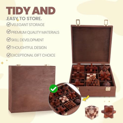 Wooden Brain Teaser Puzzles for Adults Teens (9 Count)