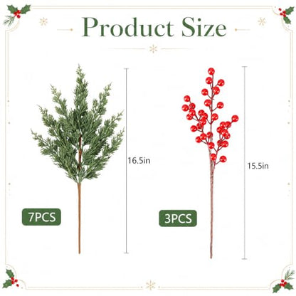 10 Pcs 16.5" Christmas Artificial Pine Branches with Red Berry Stems (10 Count)