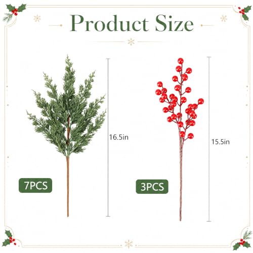 10 Pcs 16.5" Christmas Artificial Pine Branches with Red Berry Stems (10 Count)