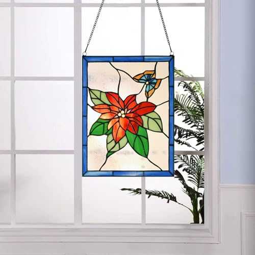 PA0020 Stained Glass Window Panel Tiffany Style Poinsettia Butterfly Suncatcher
