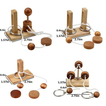 Brain Teaser Puzzle Wooden Threading Rope Loop Puzzle Luban Lock Brain Teaser Game Adult Kids Toy Puzzles for Adults (4 Count)