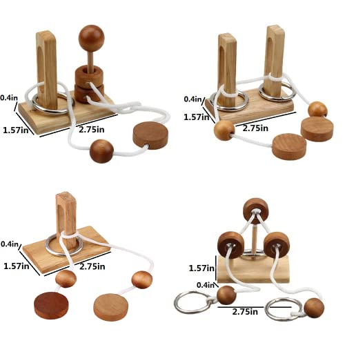 Brain Teaser Puzzle Wooden Threading Rope Loop Puzzle Luban Lock Brain Teaser Game Adult Kids Toy Puzzles for Adults (4 Count)