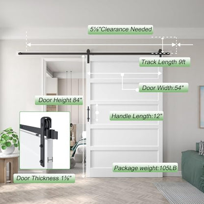 54x84 inch White Barn Door with 9FT Sliding Door Hardware Kit Included & Handle