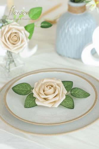 Artificial Flowers 25pcs Real Looking Champagne Gold Foam Fake Roses with Stems for DIY Wedding Bouquets Bridal Shower Centerpieces Floral Arrangements Party Tables Home Decorations (25 Count)