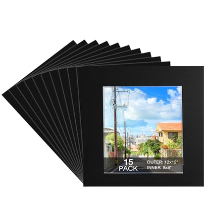 15 Pack 12x12 Black Picture Mats for 8x8 Photos (15 Count)