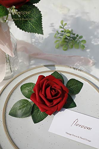 Artificial Flowers 25pcs Real Looking Dark Red Ombre Colors Foam Fake Roses with Stems for DIY Wedding Bouquets Bridal Shower Centerpieces Floral Arrangements Party Tables Home Decorations (25 Count)