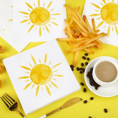 48 Pieces Disposable Sun Paper Napkins Sunshine Birthday Decorations Sun Party Napkins Cocktail Dinner Napkin Set 13" x 13" Unfolded Tableware Napkins for Sun Birthday Party Supplies (48 Count)