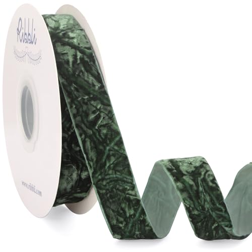 Forest Green Velvet Ribbon 1 Inches Luxury Crinkled Green Christmas Ribbon for Gift Wrapping Crafts Home Decor