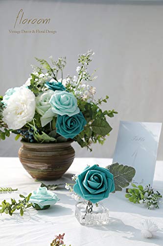 Artificial Flowers 50pcs Real Looking Teal Green Foam Fake Roses with Stems for DIY Wedding Bouquets Bridal Shower Centerpieces Floral Arrangements Party Tables Home Decorations (50 Count)