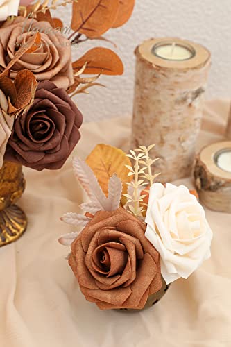 Artificial Flowers 25pcs Real Looking Earth Tones Ombre Colors Foam Fake Roses with Stems for DIY Wedding Bouquets Bridal Shower Floral Centerpieces Party Tables Home Decorations (25 Count)