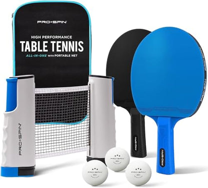 All-in-One Ping Pong Set - Retractable Ping Pong Net for Any Table (72"), Ping Pong Paddles and Balls, Storage Case (2-Player Ultra-Comfort Set, Blue/Black)