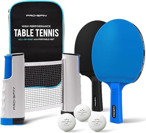 All-in-One Ping Pong Set - Retractable Ping Pong Net for Any Table (72"), Ping Pong Paddles and Balls, Storage Case (2-Player Ultra-Comfort Set, Blue/Black)