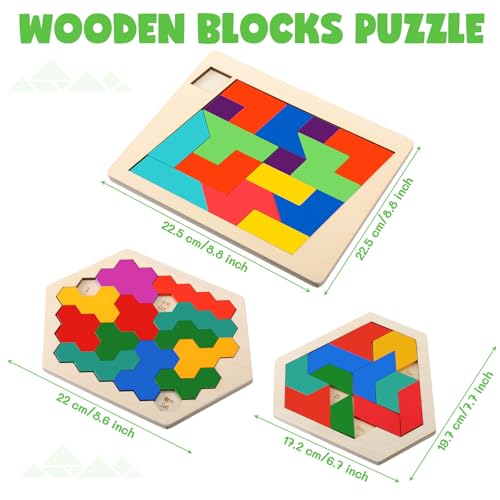 3 Pack Large Wooden Blocks Puzzles Hexagon Tangram Puzzle Wooden Russian Brain Puzzles for Adult Challenge Teasers Geometric Jigsaw Logic Iq STEM Educational Gift Graduation (3 Count)