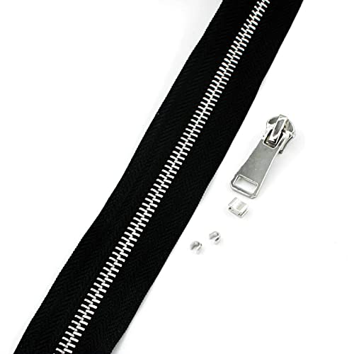 5 Metal Zippers by The Yard Bulk 2 Yards Black Tape with 10 pcs Sliders Silver Teeth Handmade Zipper for Sewing Craft Bag Backpack