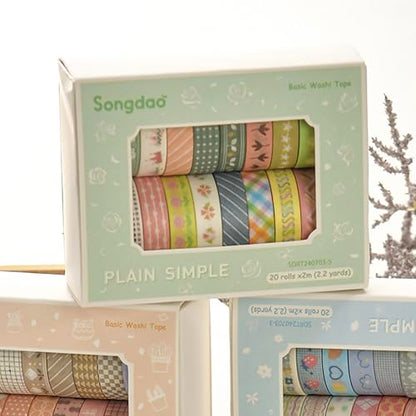 20 Rolls Basic Washi Tape Set Japanese Arts Adhesive Tapes Simple Patterns Decorative Masking Tape Sets for Craft (20 Count)