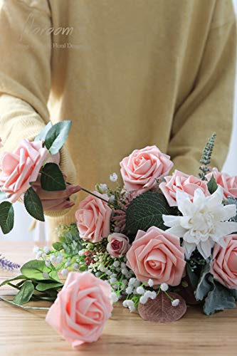 Artificial Flowers 50pcs Real Looking Peach Pink Foam Fake Roses with Stems for DIY Wedding Bouquets Bridal Shower Centerpieces Floral Arrangements Party Tables Home Decorations (50 Count)