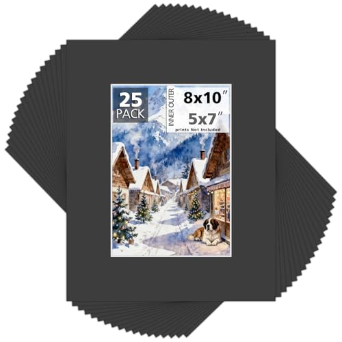 Mat Board Center 25 Pack 8x10 Picture Mat for 5x7 Photo Black
