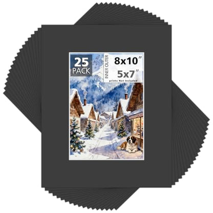 Mat Board Center 25 Pack 8x10 Picture Mat for 5x7 Photo Black