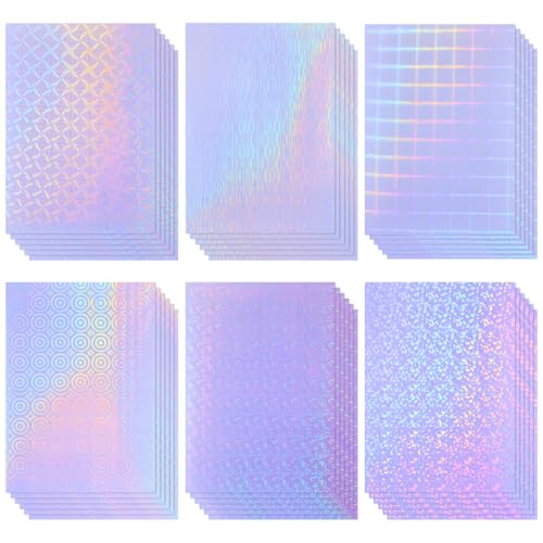 36 Sheets Holographic Sticker Paper A4 Vinyl Holographic Laminate Sheets Self Adhesive Waterproof Transparent Film (36 Count)
