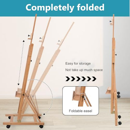 Beechwood H Frame Artist Studio Easel with Wheels and Storage Tray