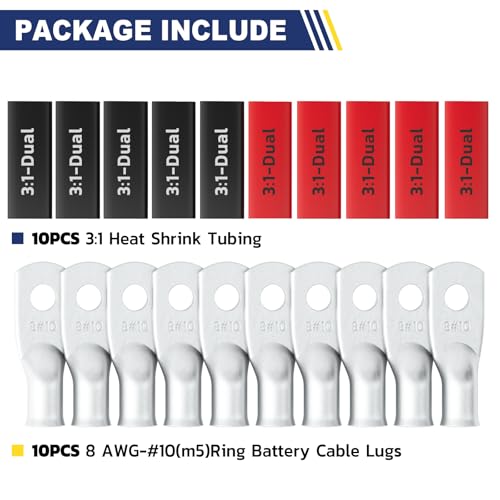 20PCS Battery Cable Lug & Heat Shrink Kit 8 AWG #10 (20 Count)