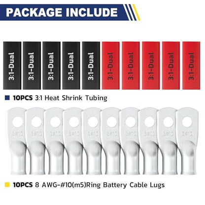 20PCS Battery Cable Lug & Heat Shrink Kit 8 AWG #10 (20 Count)