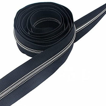 5 Silver Metallic Nylon Coil Zippers by The Yard Bulk 10 Yards Zipper Tape with 25pcs Silver Sliders for DIY Sewing Tailor Craft Bag