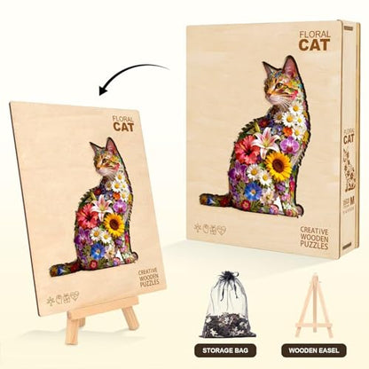 Floral cat Puzzles Adults Gifts Wooden 115 Pieces 11.4 * 9.3in (115 Count)