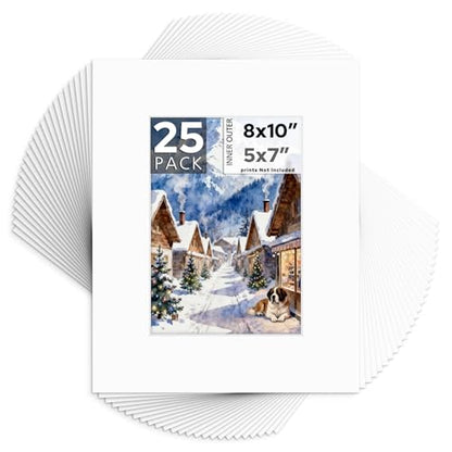 Mat Board Center 25 Pack 8x10 Picture Mat for 5x7 Photo White