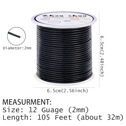 12 Gauge(2mm) Aluminum Wire 35 Yards Anodized Metal Wire for Bonsai Armature Crafting Sculpting Jewelry Craft Making Beading Floral (Black, 12 Gauge) (105 Foot)
