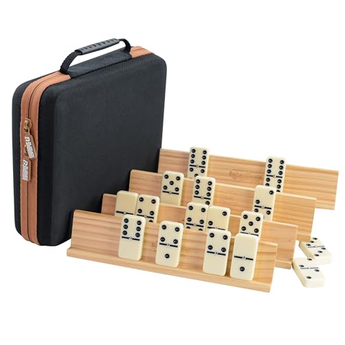 Dominos Set for Adults with 4 Domino Racks Double Six Dominoes Set in Portable Case with 4 Wooden Domino Holders in EVA Hard Case Sturdy and Easy to Carry Ideal Gift Present
