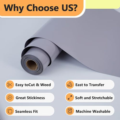 RENLITONG Gray Iron on Vinyl 12Inch by 13ft Roll Heat Transfer Vinyl for T (14.4 Ounce)
