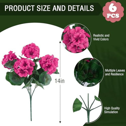 6 Pcs Artificial Geranium Flowers for Outdoors Geraniums Silk Flowers Outdoor UV Resistant Garden Plants Faux Flowers for Home Kitchen Table Centerpieces Decor