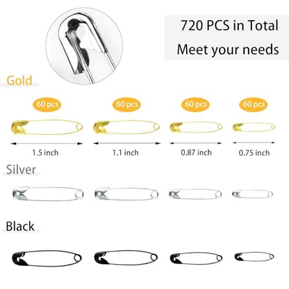 720 Pcs 3 Colors Safety Pins 4 Sizes Strong Safety Pins with Storage Box Assorted for Craft Sewing Art Clothes Jewelry Making (720 Count)