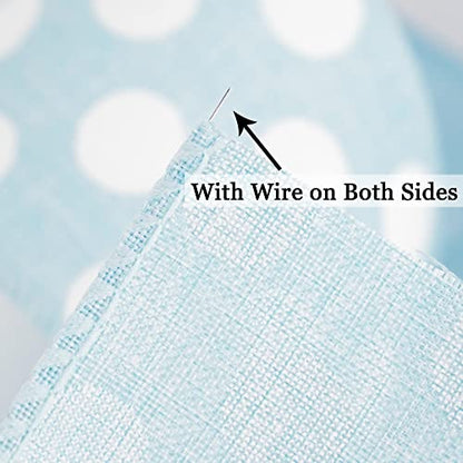 Blue Burlap Ribbon 2.5 Inch with White Polka Dot Blue White Wired Ribbon for Baby Boy Wreaths and Showers (30 Foot)