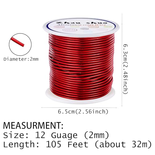 12 Gauge(2mm) Aluminum Wire 35 Yards Anodized Metal Wire for Bonsai Armature Crafting Sculpting Jewelry Craft Making Beading Floral (Red, 12 Gauge) (105 Foot)