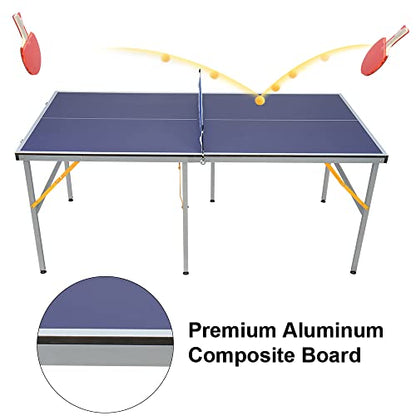 6FT/8FT/9FT Mid-Size Table Tennis Table Ping-Pong Table Set Foldable & Portable Table Indoor Outdoor for Family Game (Blue, 6FT)