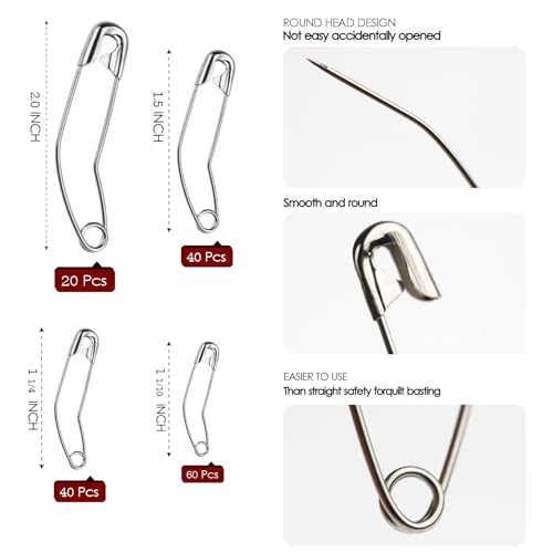 160 Pcs Curved Safety Pins for Quilting Basting Pins 28mm 32mm 38mm 54mm (160 Count)