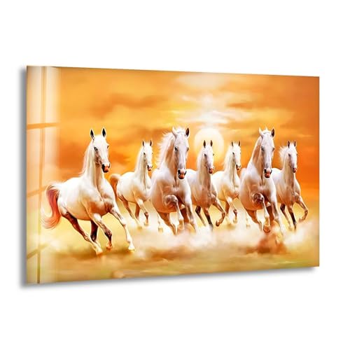 43Wx27H'' White Horses Running on Sunset Glass Wall ArtTempered Glass Printing Wall Decor Large Wall Art Wall Hangings