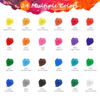 24 Colors Acrylic Paint Set with 12 Brushes (48 Fl Oz)